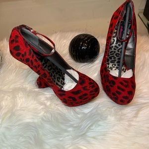 Red and black leopard print wedge heels